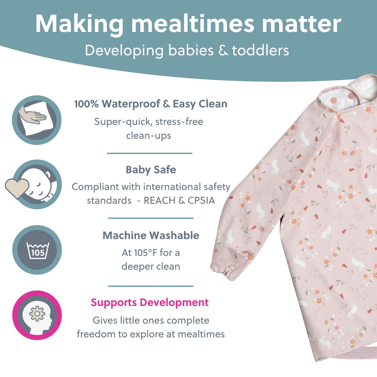 BIBaDO Long Sleeve Baby Bibs - Coverall Weaning Bib with Highchair Strap