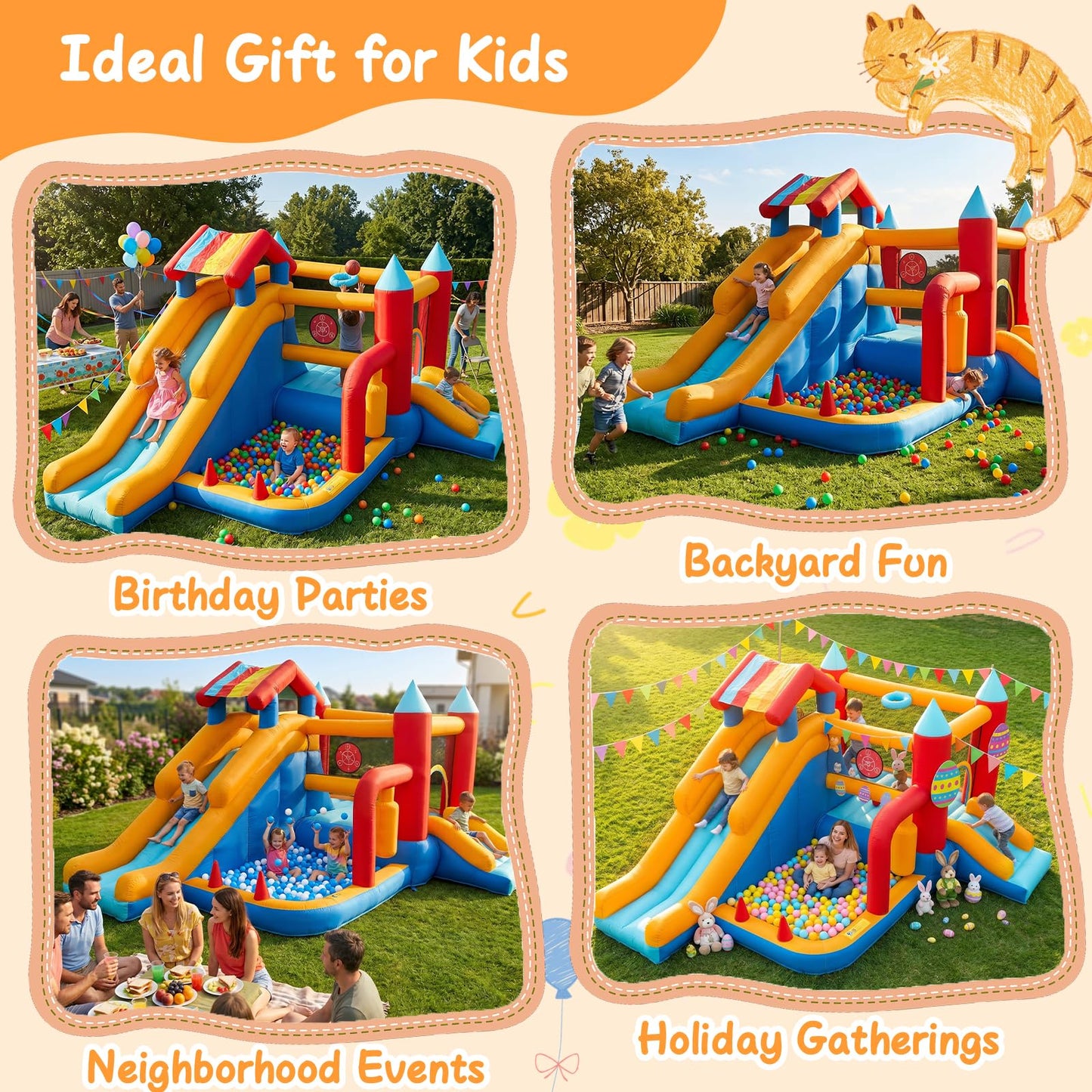 Bouncy Castle with Slide for Children: Inflatable Bounce House 9 in 1 - Kids Trampoline with Basketball Hoop & Climbing Wall, Indoor Outdoor Play Centre with Air Blower for Birthday Party Garden