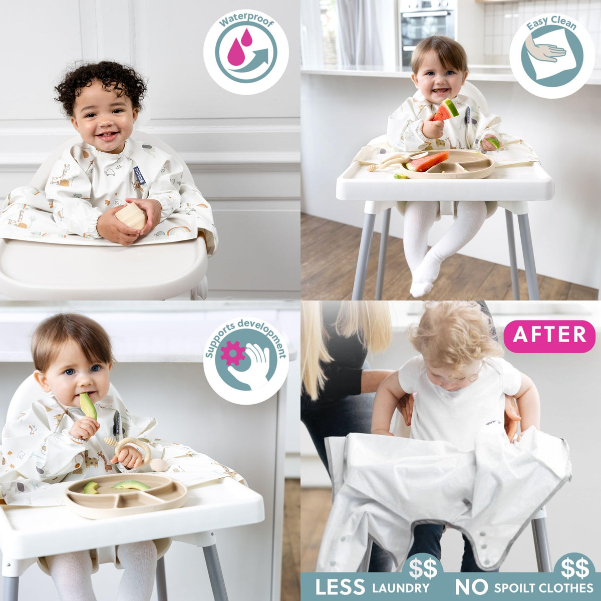 BIBaDO Long Sleeve Baby Bibs - Coverall Weaning Bib with Highchair Strap