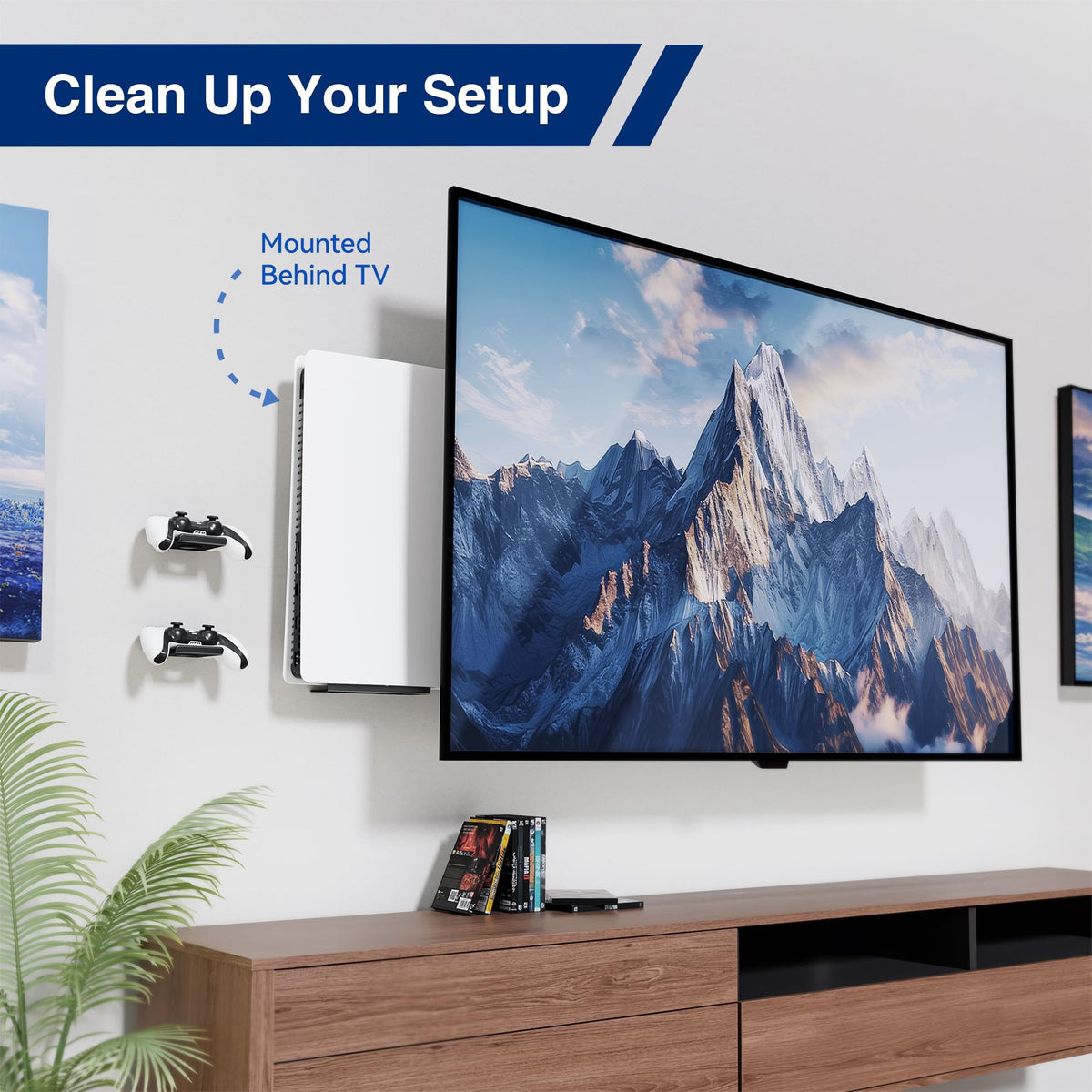 pickpiff PS5 Wall Mount Bracket, Compatible with All PlayStation 5 Models (Disc, Digital, Slim & Pro), Adjustable Console Holder with 2 Controller Holders, White