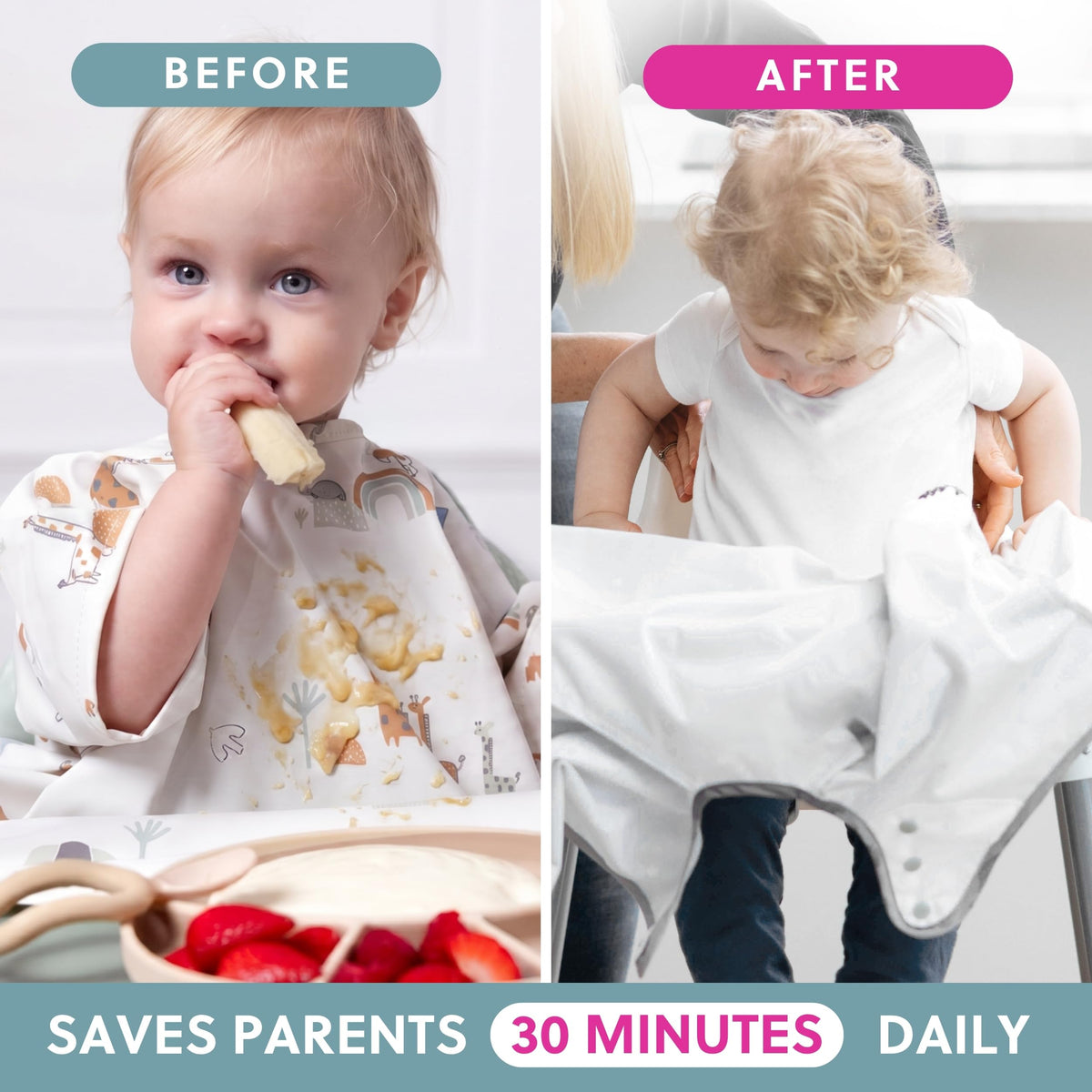 BIBaDO Long Sleeve Baby Bibs - Coverall Weaning Bib with Highchair Strap