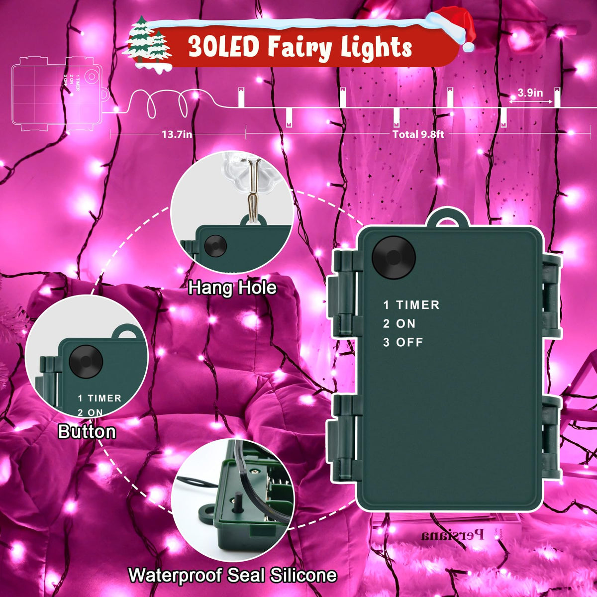 Gcstnn Battery Fairy Lights, 3M/9.8Ft 30LED Battery Powered Fairy Lights Indoor Outdoor with 6h Timer Waterproof String Lights On Green Cable,for Bedroom Christmas Tree Decorations,Garden-Cool White