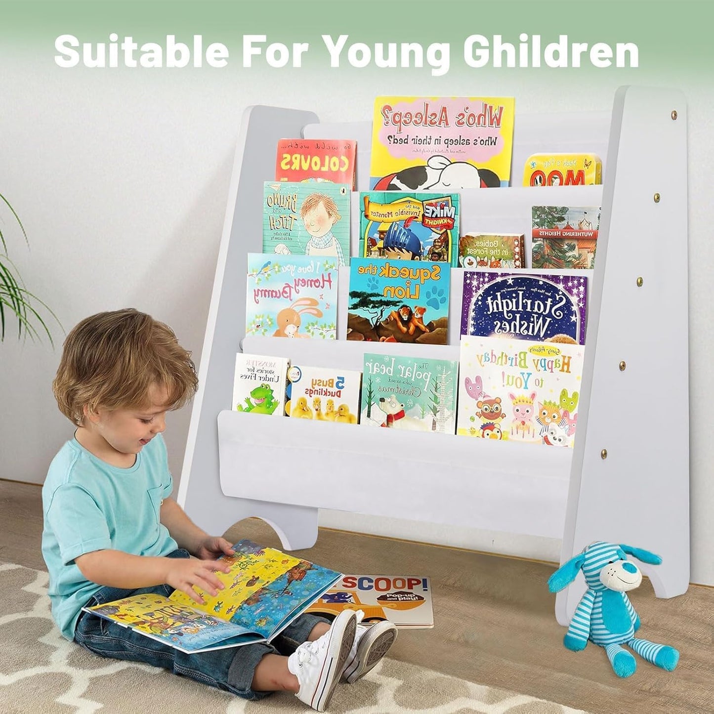 CROWNSHOP Kids Bookshelf 4 Layers Wooden Book Shelf Room Display Rack Kids Bookcas with Soft Canvas Suitable for Kids Room and Nursery White 61 * 60 * 26.5 CM