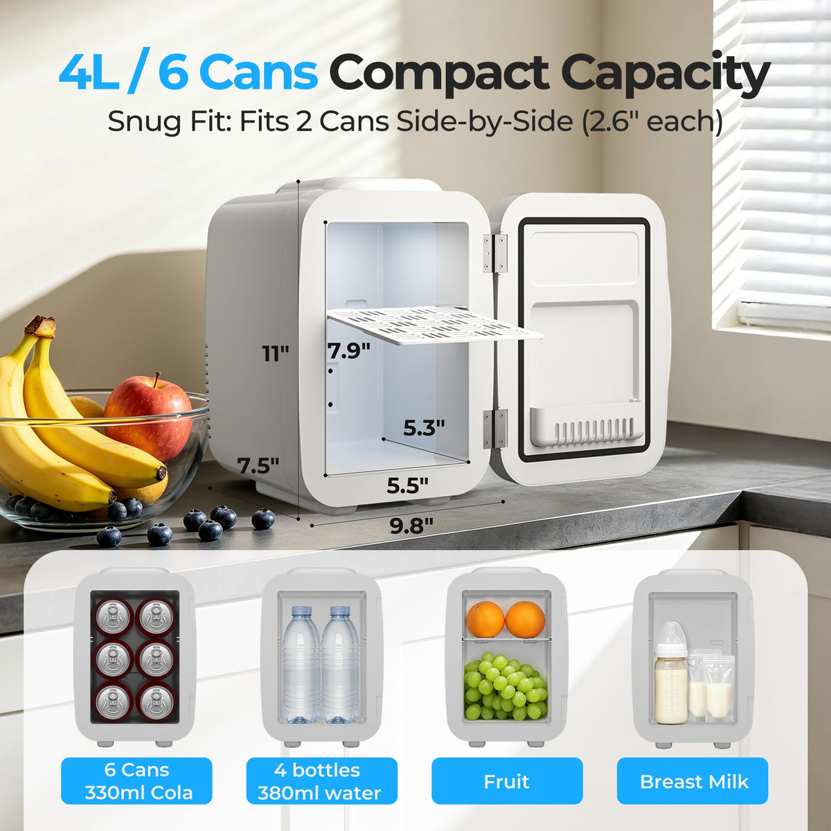 BEICHEN Mini Fridge 4 Litre/6 Cans |AC/USB| for Home Car,Ultra-Quiet <25dB