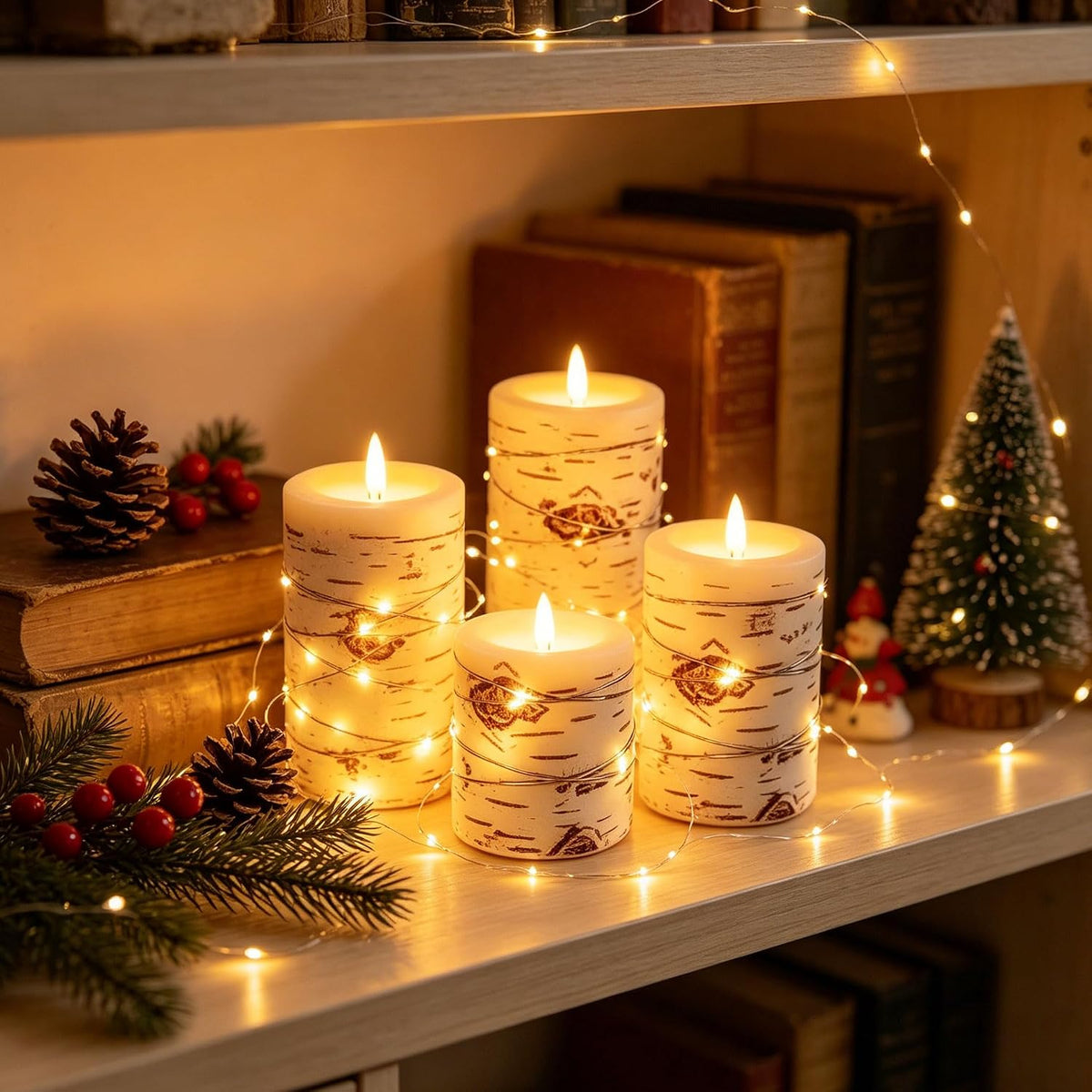Da by 3 Pack Ivory Flameless LED Candles with Fairy Lights, Realistic Moving Flame Paraffin Wax Candles, Remote Control, Soft Warm Light, 8cm D x 12.5/14.5/16.5cm H, Indoor Wedding Home Decor