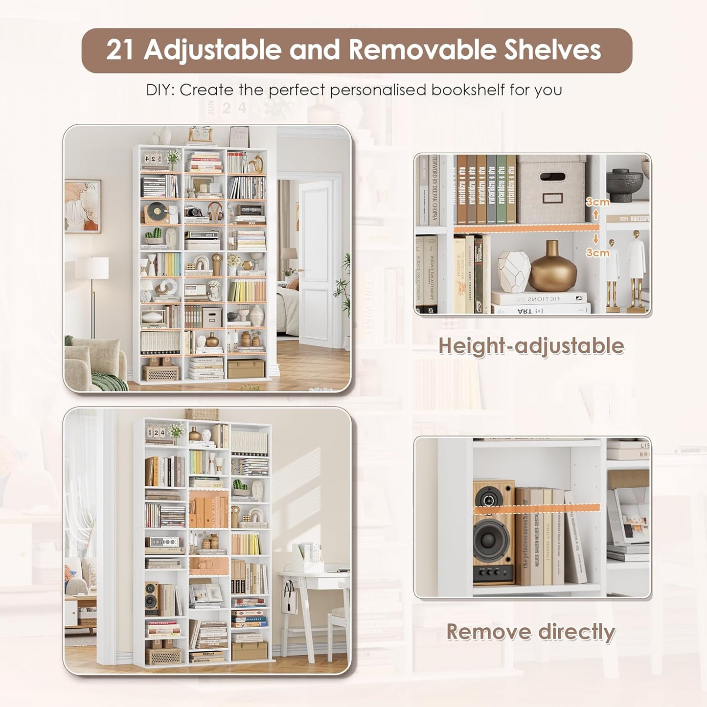 FirFurd Tall Bookcase CD DVD Storage Unit Tower Wooden Display Rack with Adjustble Shelves 27 Storage Compartments White Bookshelf 102.5x23.5x190cm
