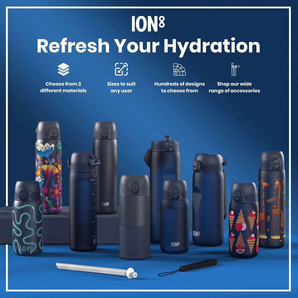 Ion8 Water Bottle, 500 ml/18 oz, Leak Proof, Easy to Open, Secure Lock, Dishwasher Safe, Hygienic Flip Cover, Carry Handle, Fits Cup Holders, Easy Clean, Hot Pink
