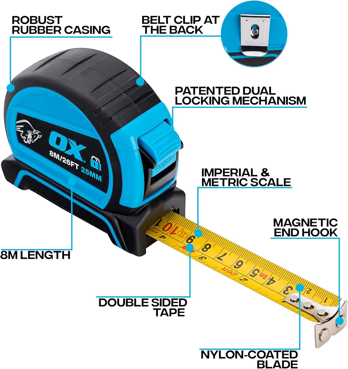 OX Pro Dual Auto Lock Tape Measure Twinpack - 8m, Magnetic End Hook