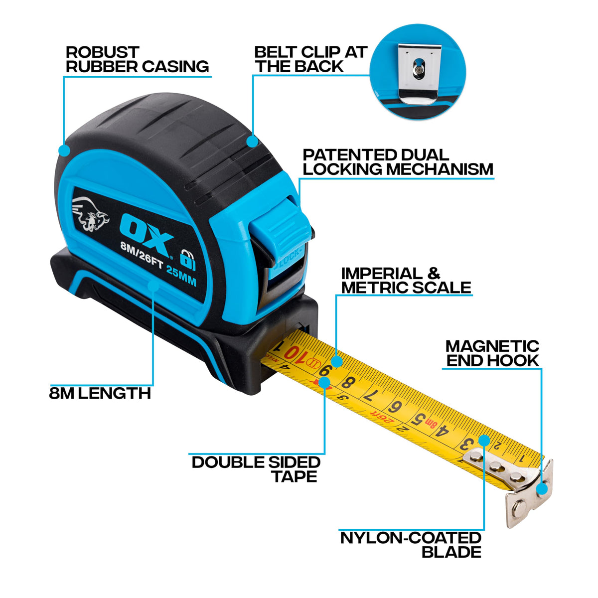 OX Pro Dual Auto Lock Tape Measure Twinpack - 8m, Magnetic End Hook