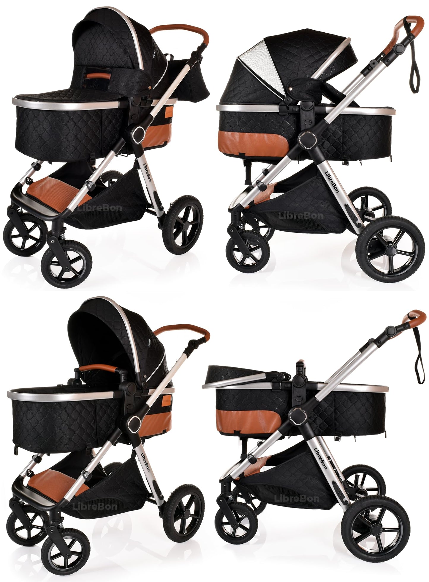 Baby Buggy Pram Pushchair Stroller 3 in 1 Child Lightweight Folding Stroller 3 in 1 Travel System Pram for Newborns & Toddlers from Birth Aluminum (Beige - Rose Gold Frame)