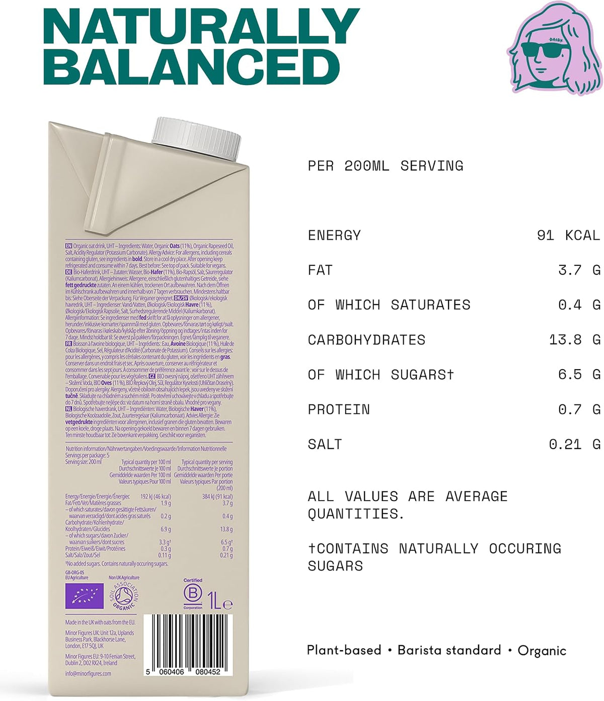Minor Figures Barista Oat (Organic) – Perfect for Smooth, Silky Coffees – Vegan – Non-Dairy – Shelf-Stable – 1L x 6 Cartons
