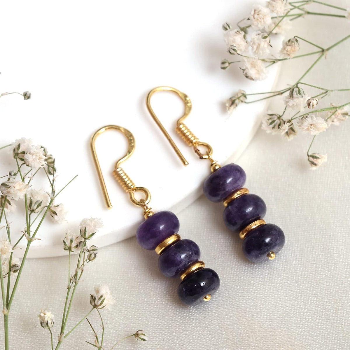 Gempires Natural Gemstone Rondelle Bead Earrings for Women | 8mm Beaded Drop Dangle Earrings | Gold Plated Hypoallergenic Hook Jewelry | Handmade Lightweight Crystal Earrings