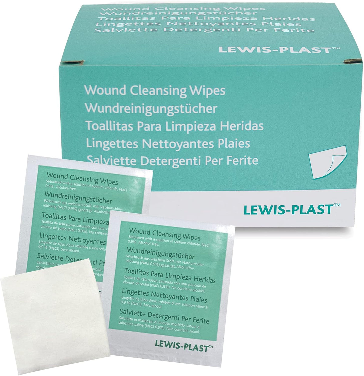 Lewis-Plast Alcohol-Free Sterile Saline Wipes, First Aid Wound Cleansing Wipes for Cuts, Grazes & Minor Injuries, Individually Wrapped, Box of 100