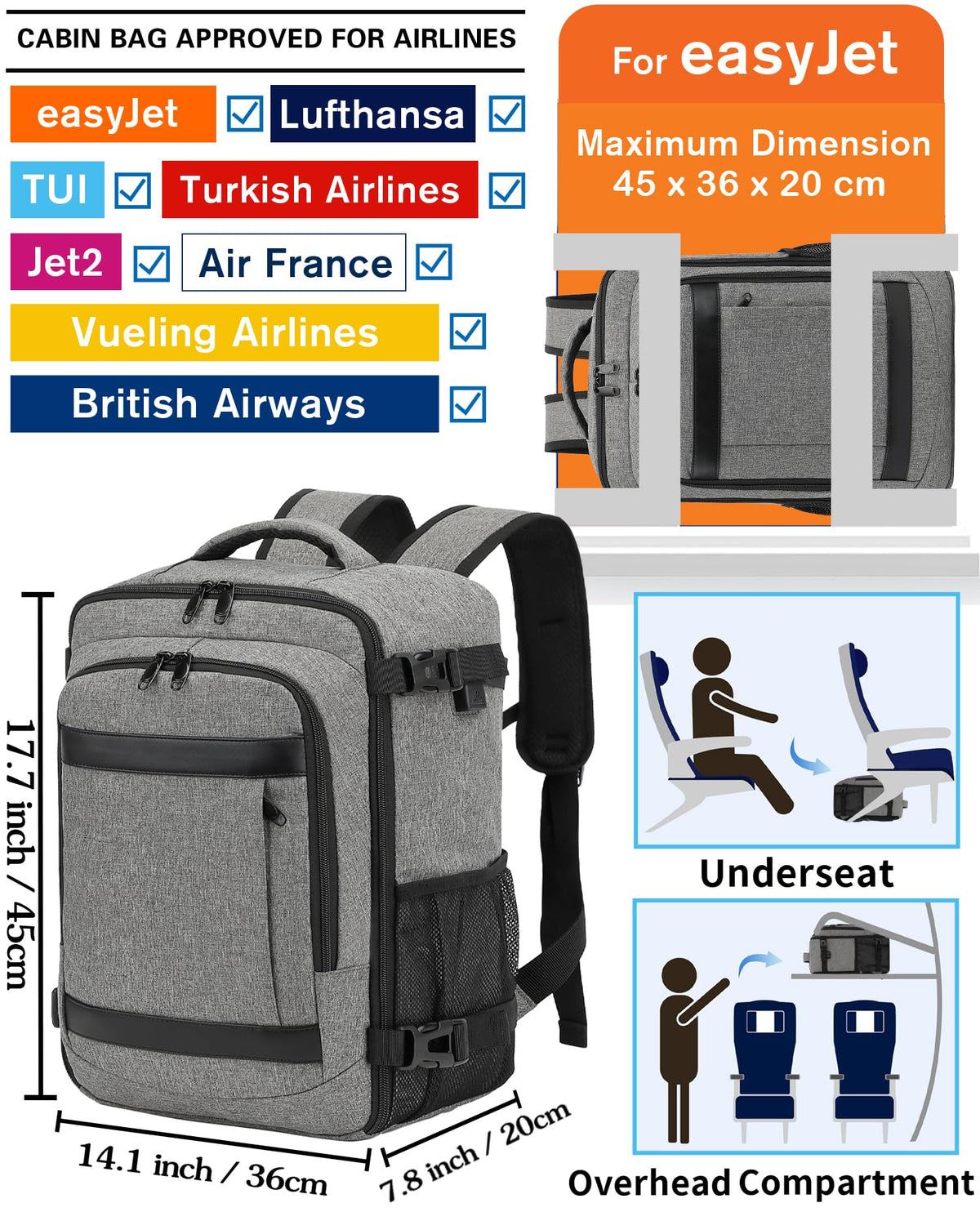 KLOSTAIN Cabin Bags 40x20x25 for Ryanair Underseat Travel Backpack Hand Luggage Carry-ons Bag Cabin Size 20L for Airplanes Flight Ruscksack Black