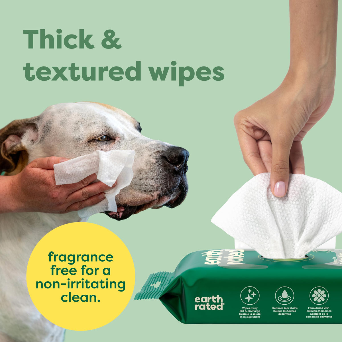 Earth Rated Pet Wipes for Dogs, Hypoallergenic, Cleaning and Hydrating, for Grooming Paws, Body and Bums, Unscented, 100 Count