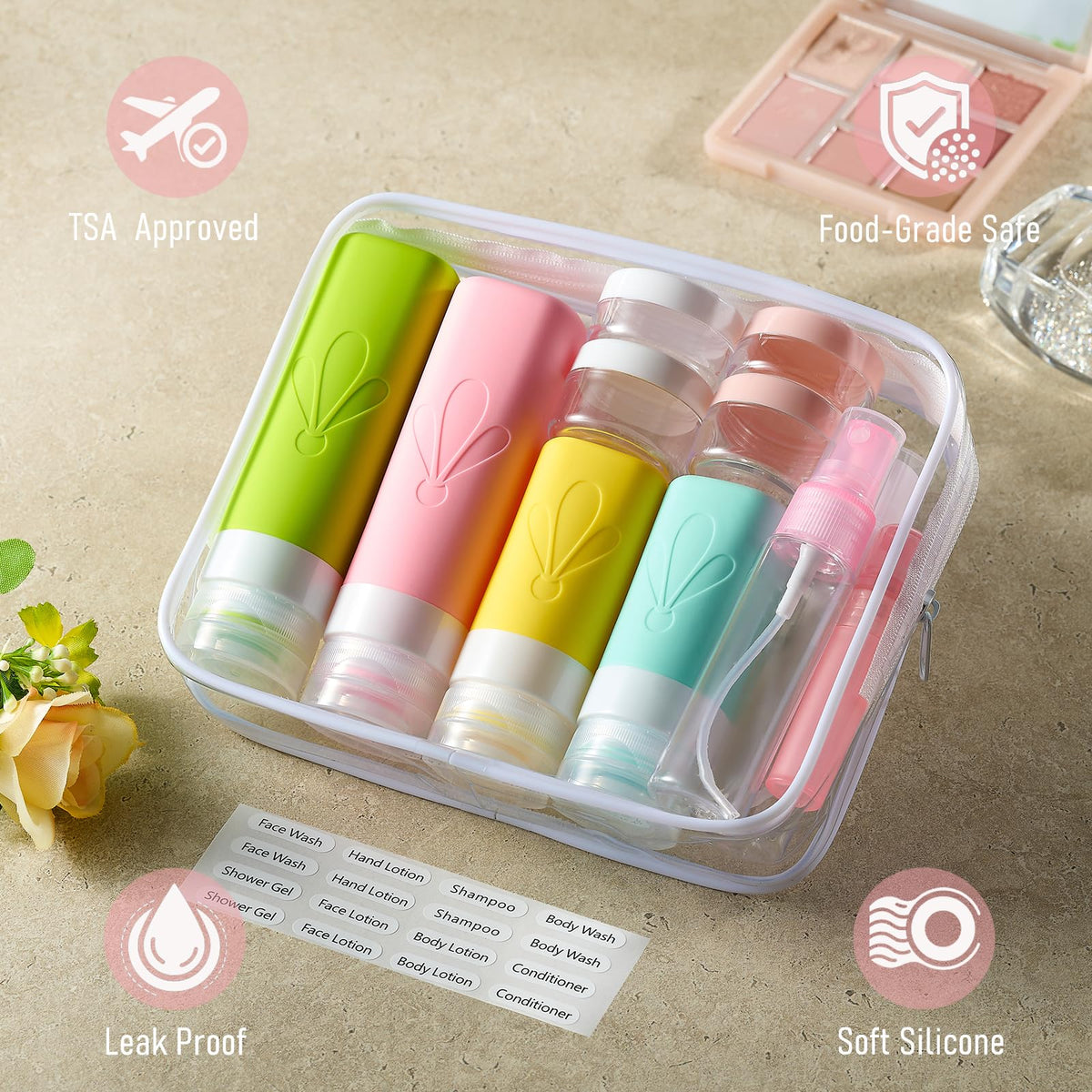 INSFIT Travel Bottles for Toiletries, 17 Pack Leakproof Travel Size Toiletries, Airplane Travel Essentials, Holiday Essentials for Women and Men with Labels/Clear Bag