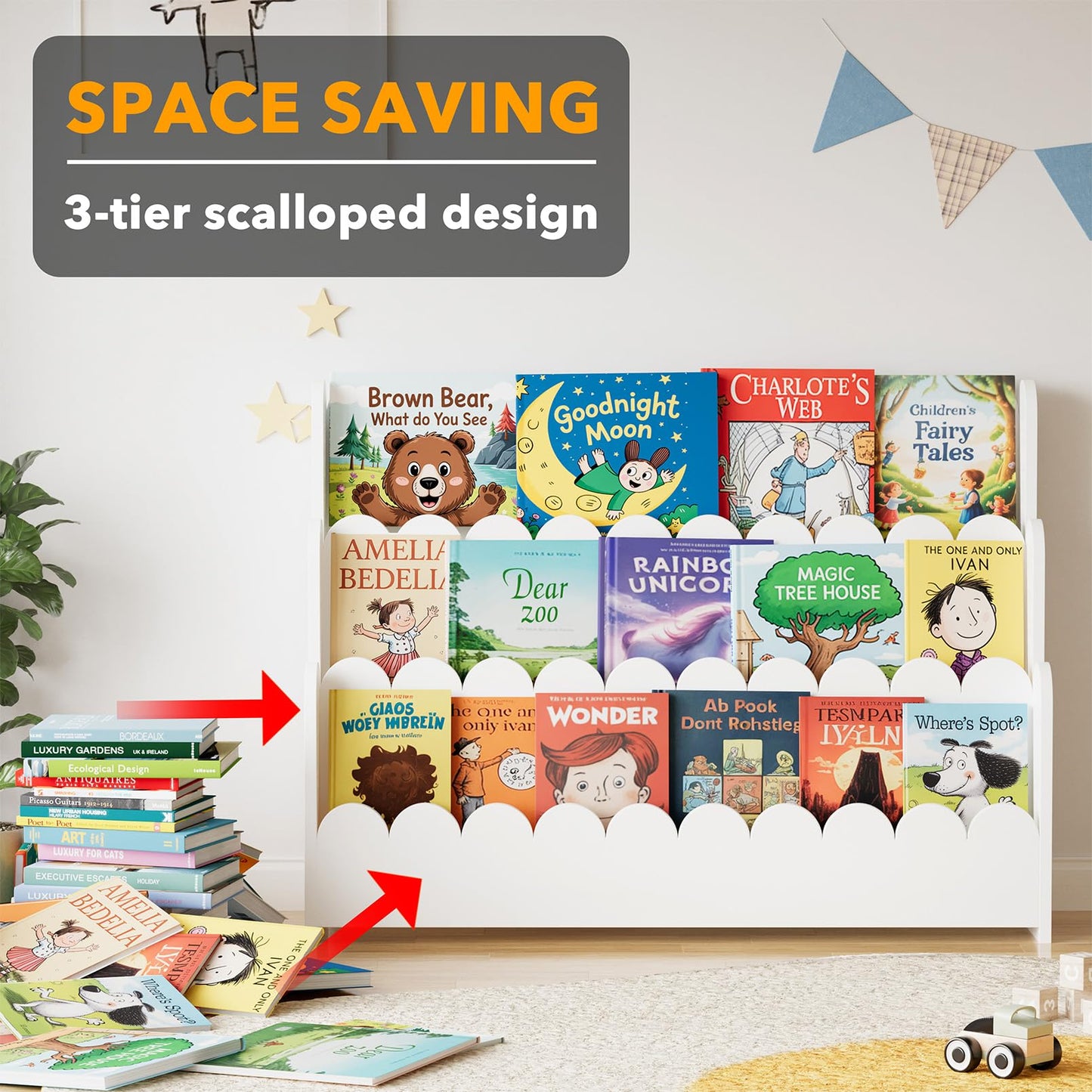 SpaceAid 3-Tier Scalloped Bookshelf, Montessori Bookcase for Toddlers, Wooden Book Shelf Organizer Display Furniture for Kids Rooms, Playroom, Nursery and Classroom, Natural