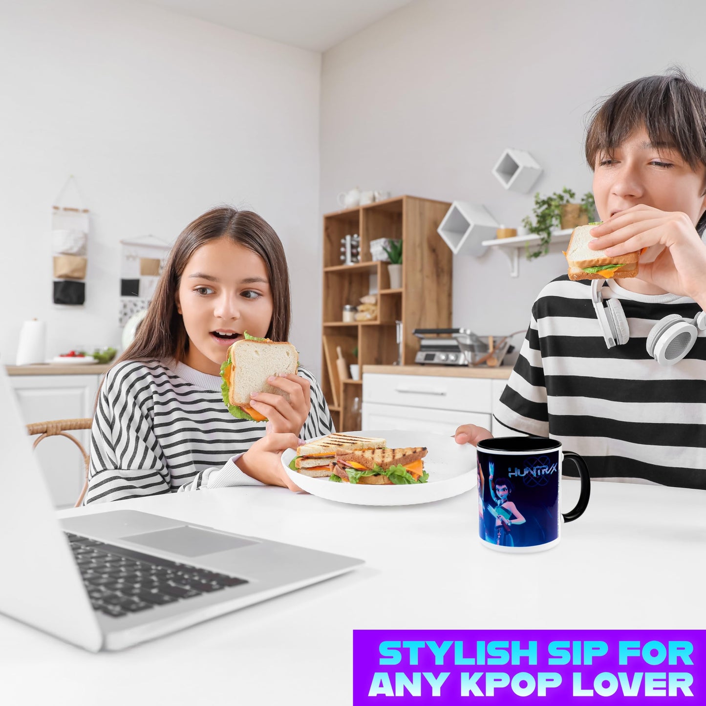 KPop Demon Hunters Official Huntrix Mug, 11oz Ceramic Cup for Girls, Teens & Adults, Rumi Mira Zoey Tea Coffee Cup, Gifts for Her (Black Huntrix)