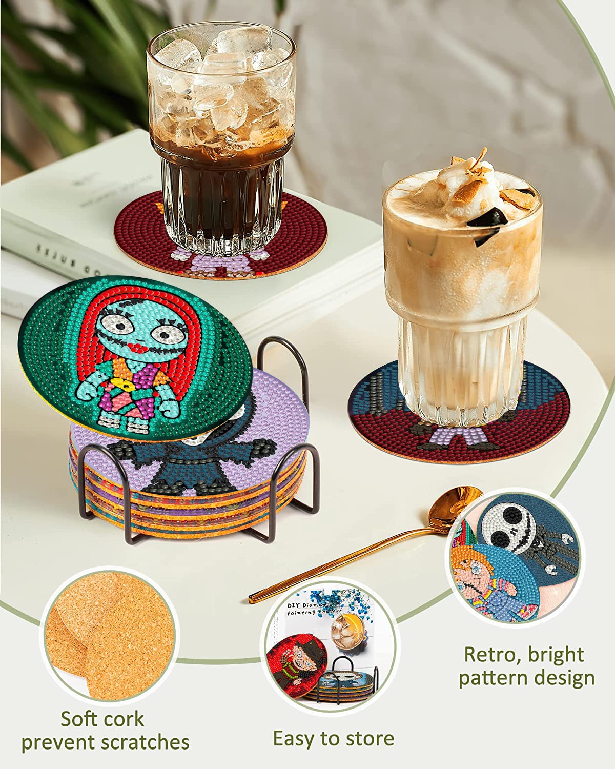 8Pcs Diamond Painting Coasters with Holder,DIY Cocktail Life Coaster Diamond Art Kits for Adults Kids,Beginners Round Full Drill Diamonds Art Craft Supplies