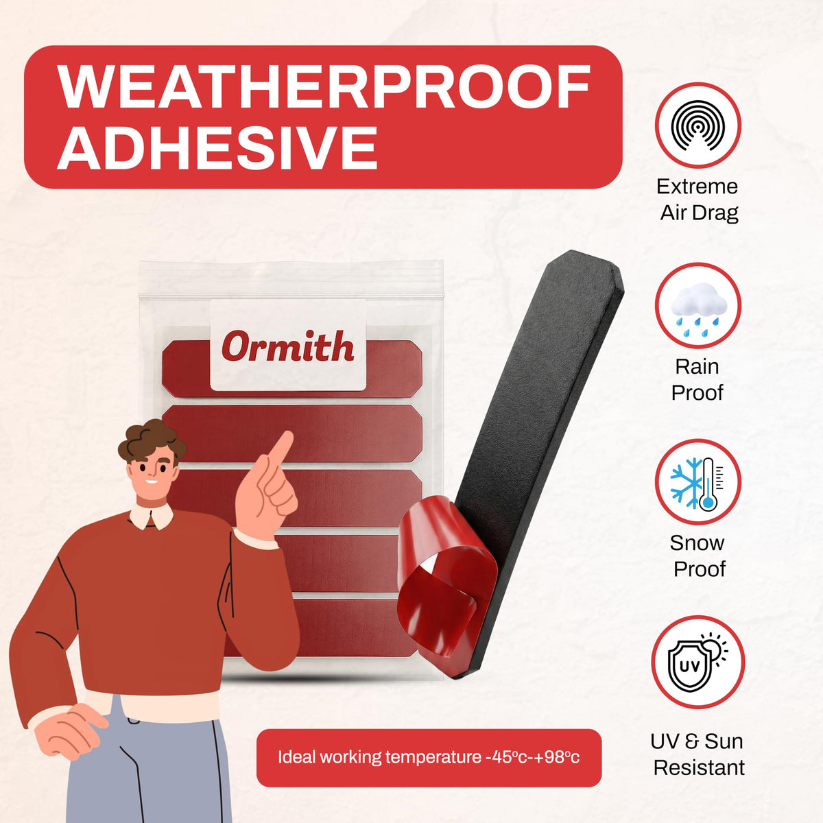 Ormith Double Sided Tape Heavy Duty 48 Pcs | Strong Double Sided Sticky Pads for Outdoor Indoor Wall Mounting | Water Proof Adhesive Strips for Quick Damage-Free Hanging (50 x 30mm)