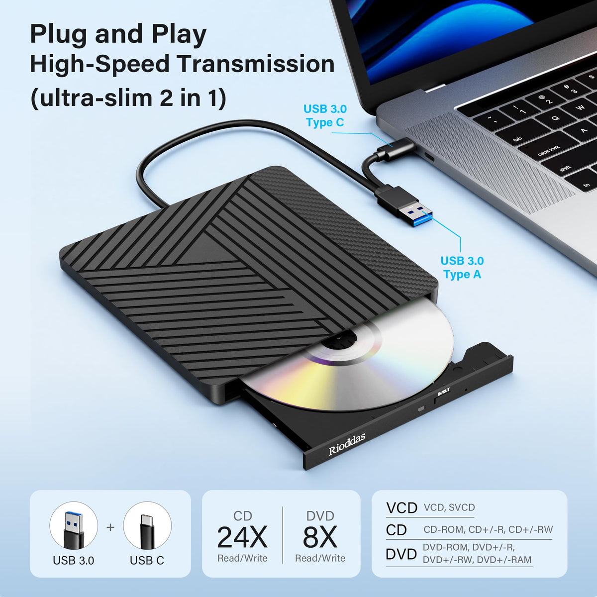 Rioddas External CD Drive, USB 3.0 Portable CD/DVD +/-RW Drive Slim DVD/CD ROM Rewriter Burner for Laptop Desktop PC Windows and Linux OS Apple Mac Macbook Pro