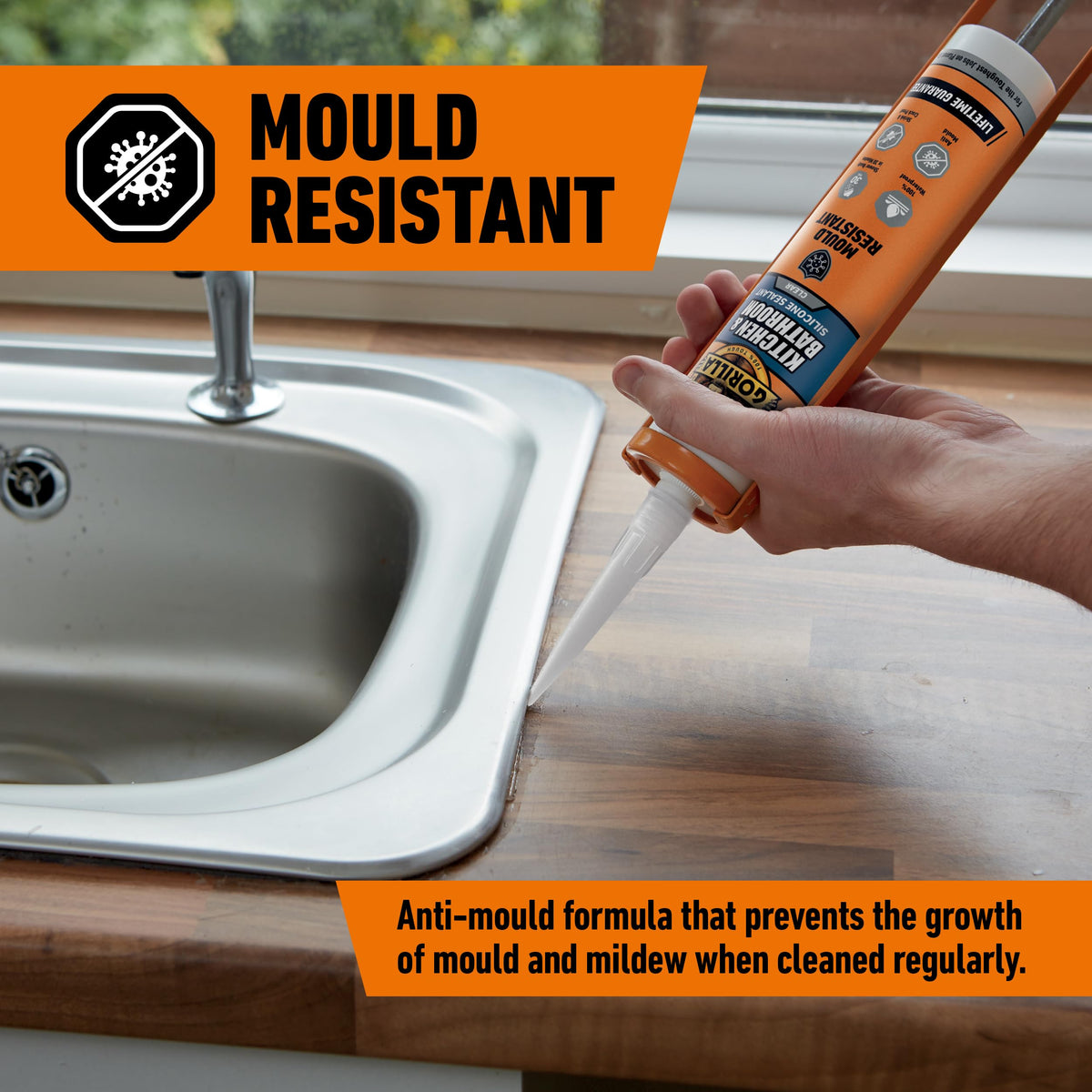 Gorilla Kitchen & Bathroom White Silicone Sealant, 295ml – Mould Resistant, 100% Waterproof Sealant, Shower Ready in 30 Minutes, Shrink & Crack Proof | Use on Showers, Baths, Sinks, Toilets & More