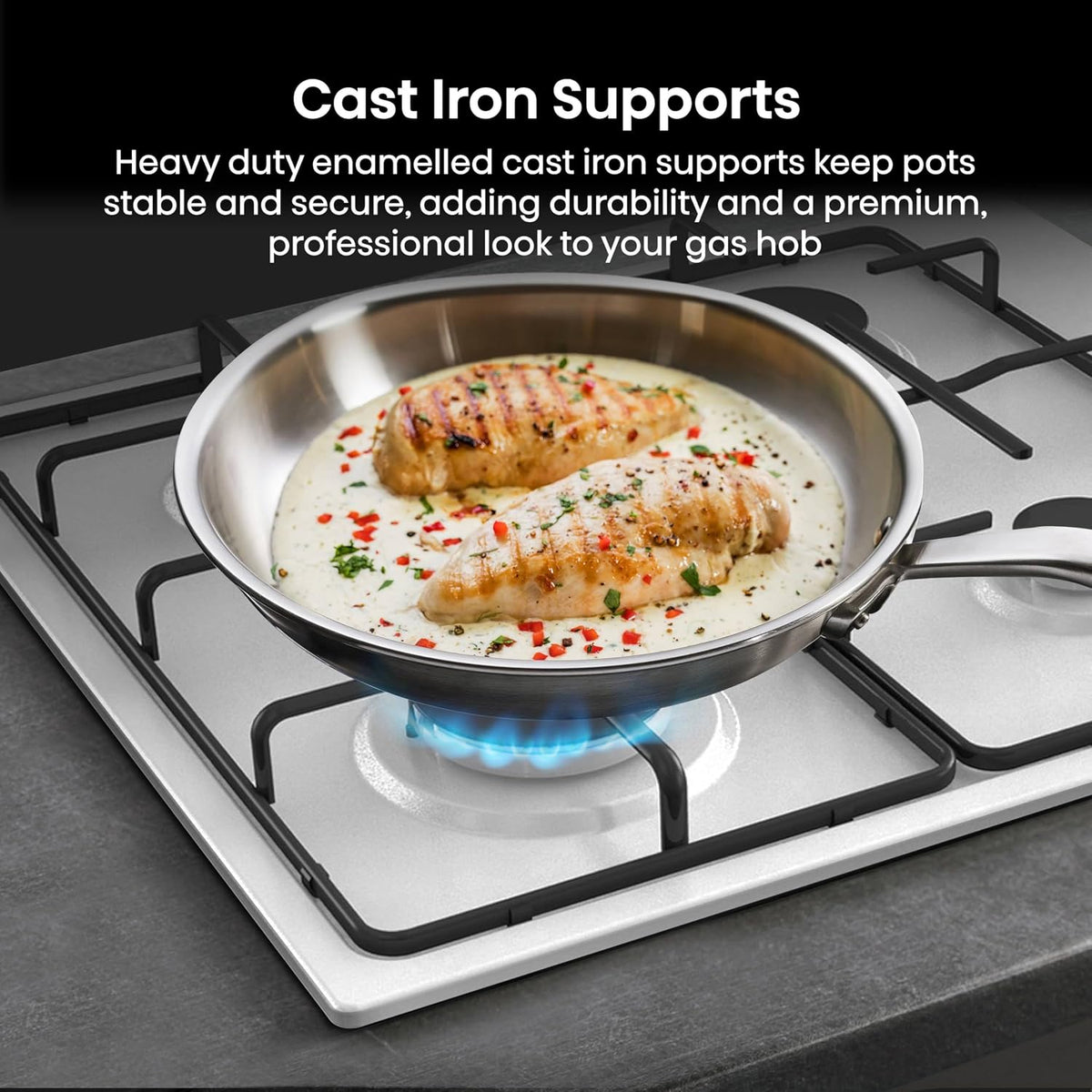 Hisense GM642XHS Built-in 60cm Gas Hob - Stainless Steel with 4 Cooking Areas, Easy Clean Surface, One -Hand Ignition, 60 x 52 x 8.9 cm (L x W x H)