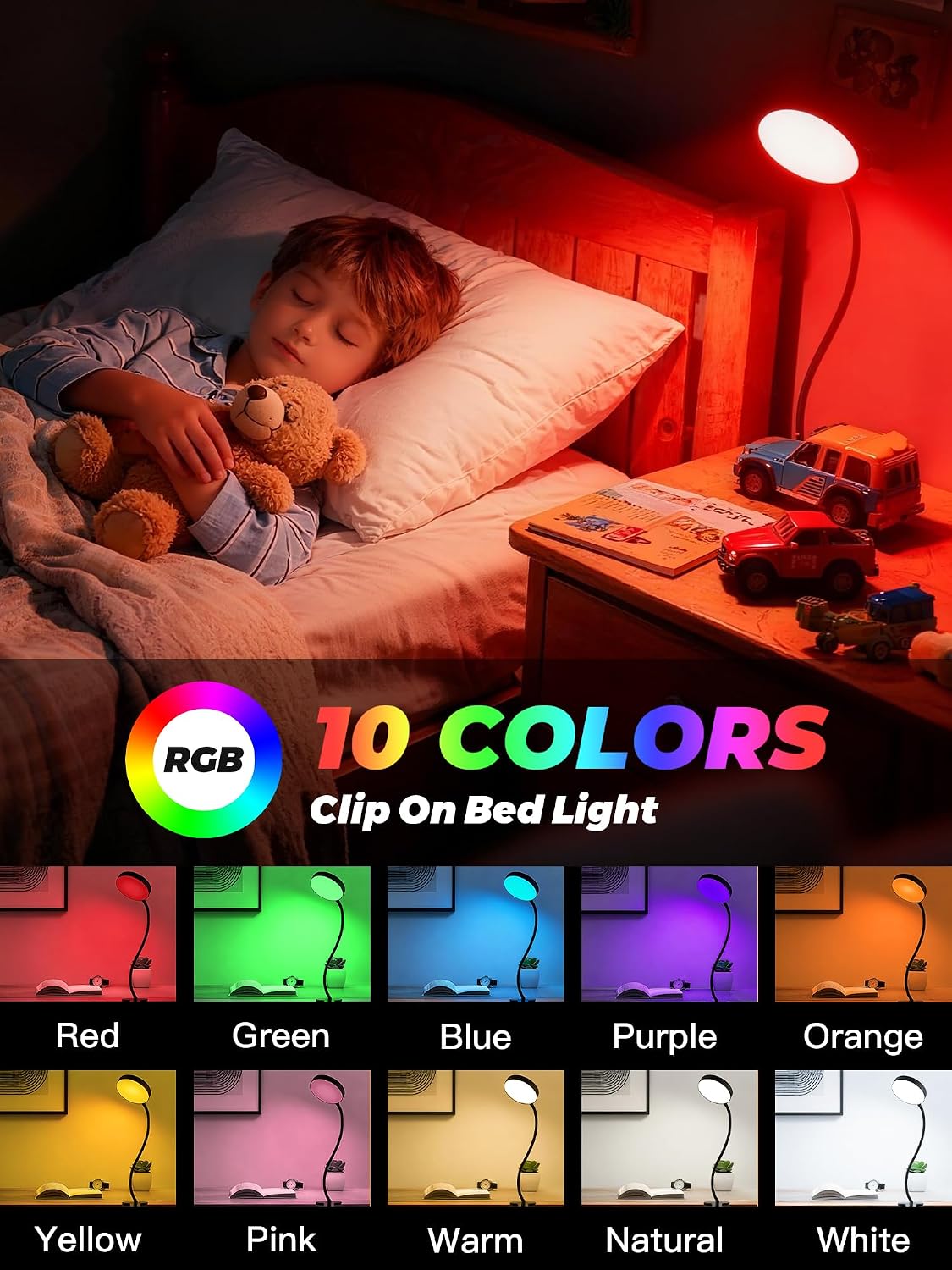 Reading Light,10 RGB Colors Desk Lamp with Clamp,10 Dimmable Clip on Light