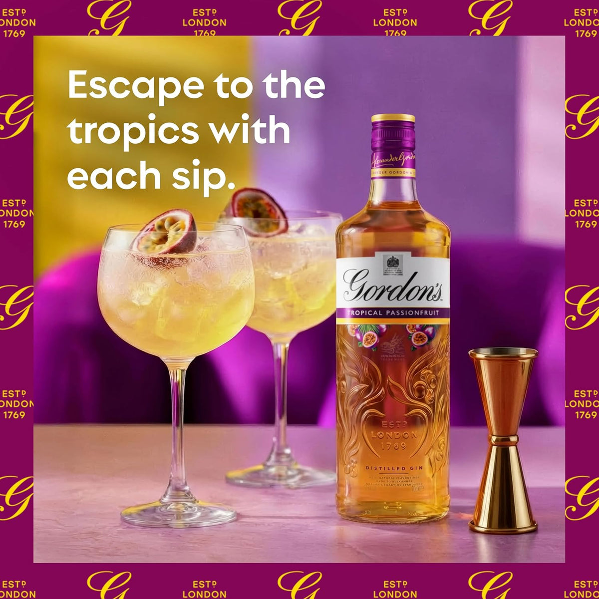 Gordon's Tropical Passionfruit Distilled Gin | 37.5% vol | 70cl | Tropical Passionfruit Flavours with Juniper Notes & Gin Botanicals | Enjoy in a Glass with Tonic
