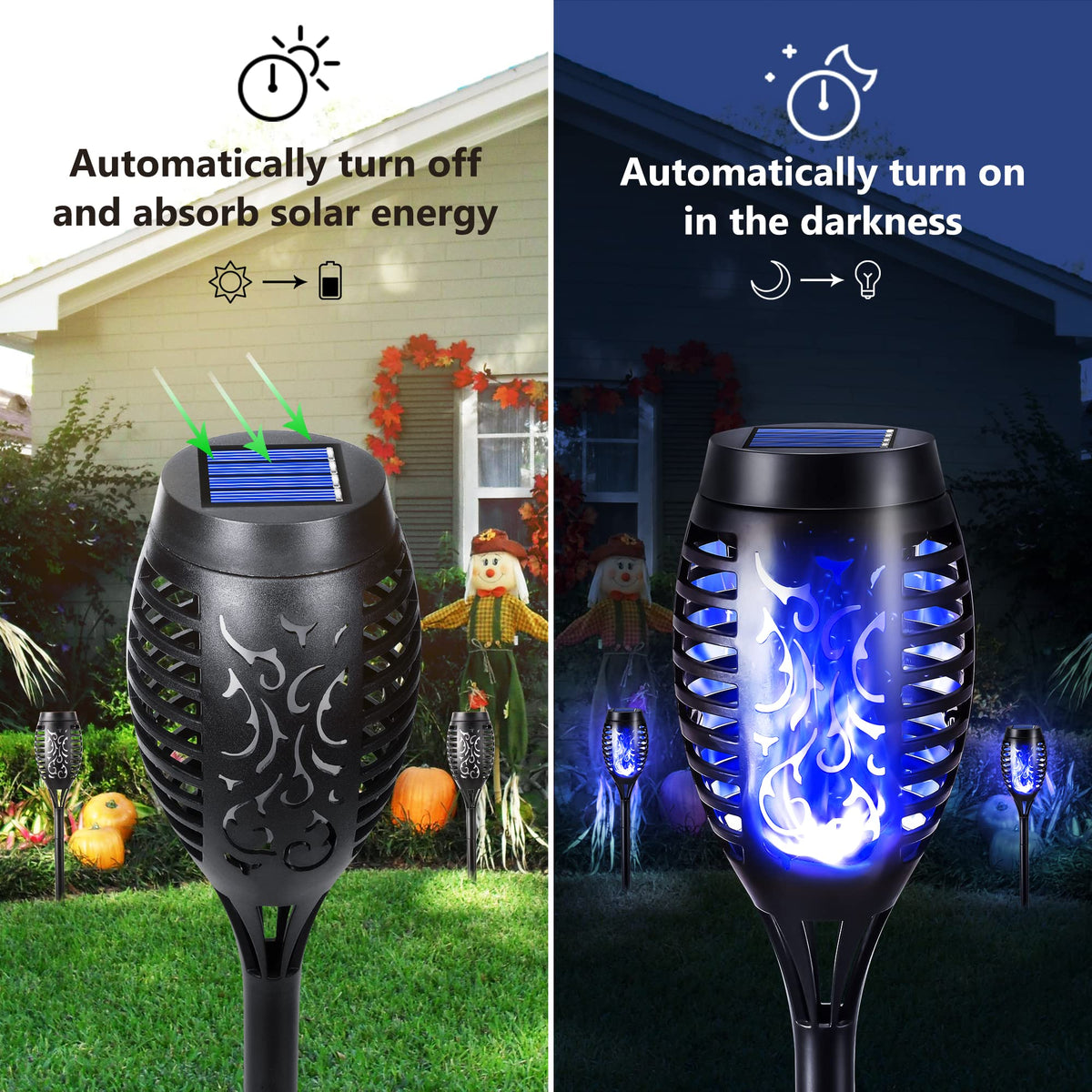 Geemoo 6 Pack Solar Flickering Dancing Flame Lights Waterproof Solar Torch Lights for Outdoor Garden Patio Pathway Yard Driveway Decorative, Warm White