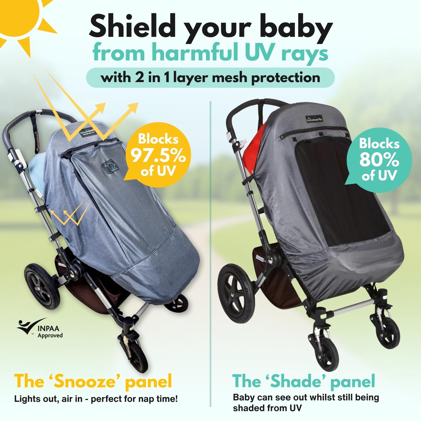 SnoozeShade Plus Extra Pram and Stroller Sun Shade Cover Blocks 99% UV UPF50+ Baby Sleep Aid and Breathable Blackout Canopy for Pushchairs Buggies and Travel Strollers