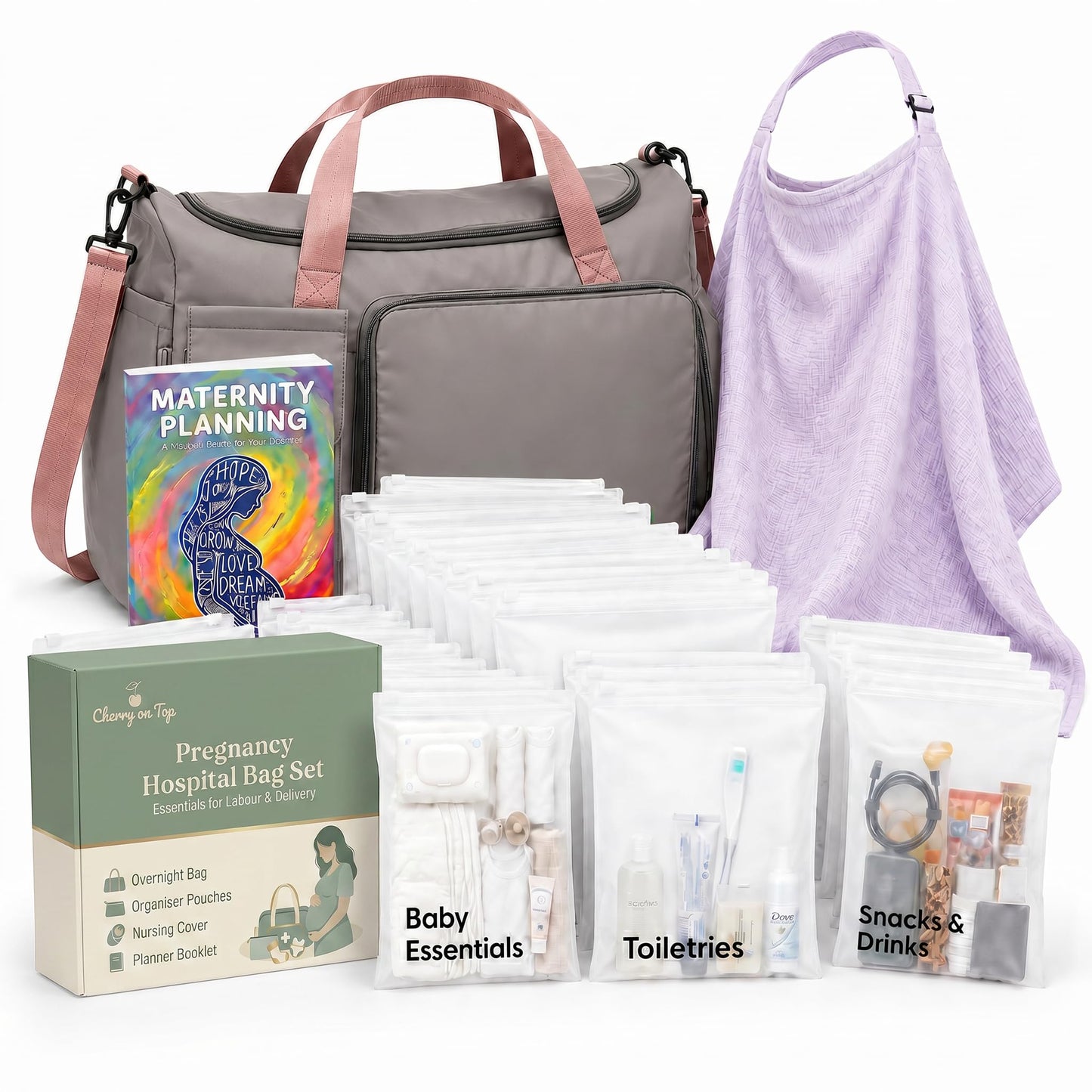 Pregnancy Bag For Hospital - Complete Labour And Delivery Set With Hospital Bag, 21 Organiser Pouches, Planner Book & Nursing Shawl - Premium Expectant Mum Hamper & Baby Shower Set, Grey
