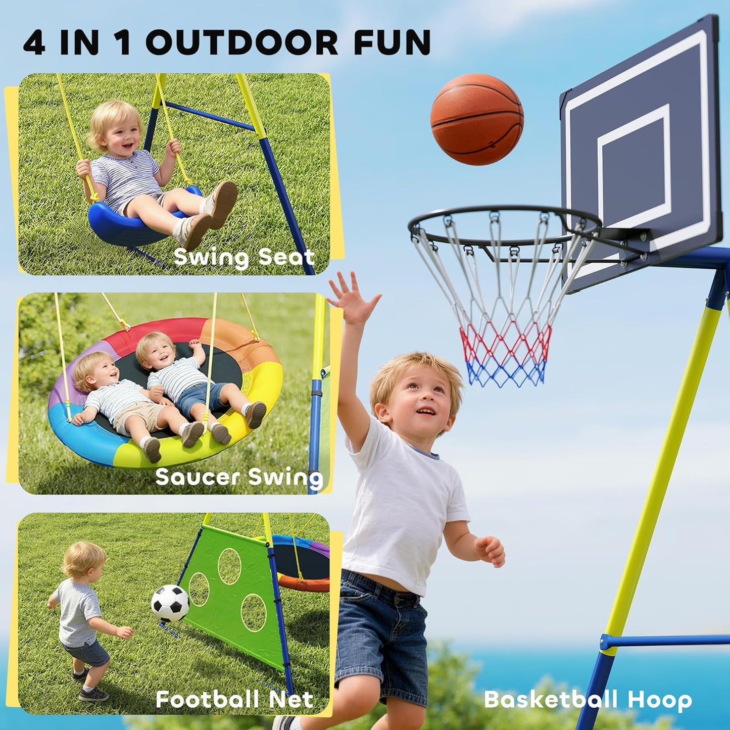AIYAPLAY 4-in-1 Kids Swing Set with Saucer Swing, Basketball Hoop and Football Goal, Outdoor Playground Playset with Heavy-Duty Metal Frame for Garden, Ages 3-8, Multicolour