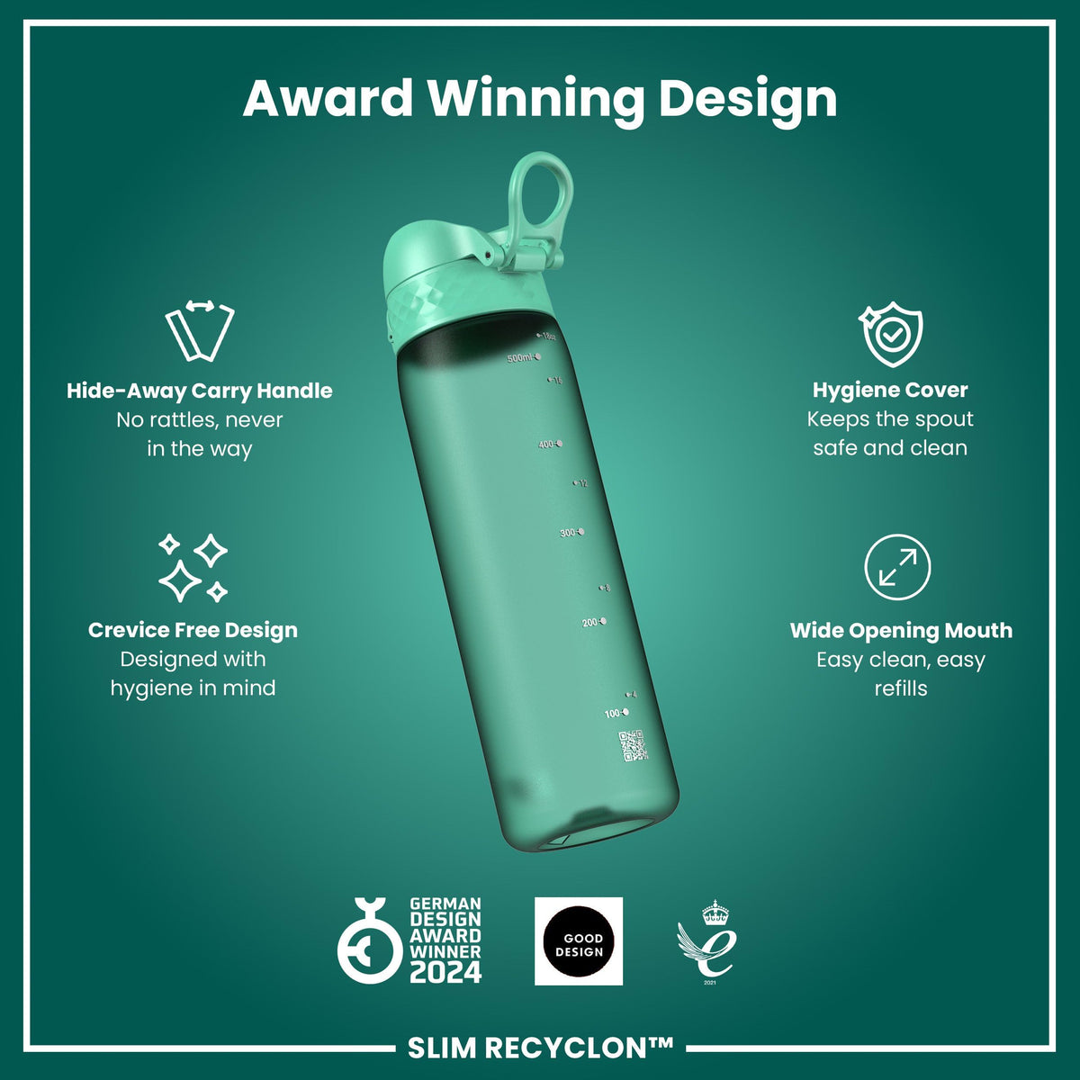Ion8 Water Bottle, 500 ml/18 oz, Leak Proof, Easy to Open, Secure Lock, Dishwasher Safe, Hygienic Flip Cover, Carry Handle, Fits Cup Holders, Easy Clean, Hot Pink