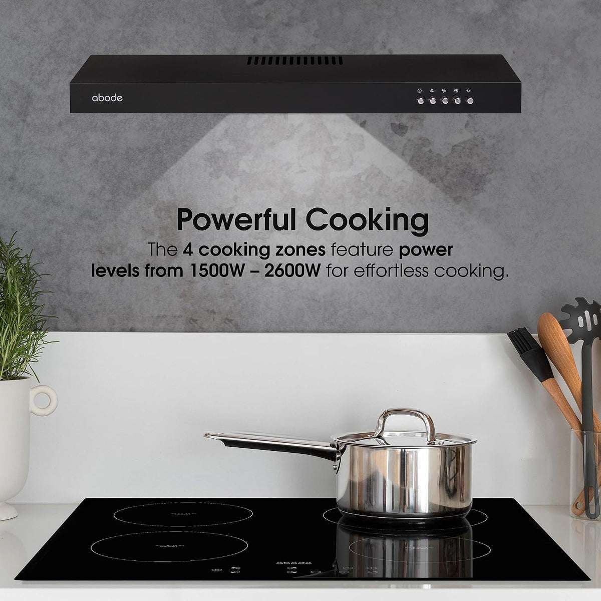 Abode Electric Hob 59cm Ceramic Cooktop with 4 Cooking Zones, 9 Power Levels, Touch Control & Easy Clean, Safety Cut Off, Timer & LED Display, Child Lock & Keep Warm Features A60EH301B