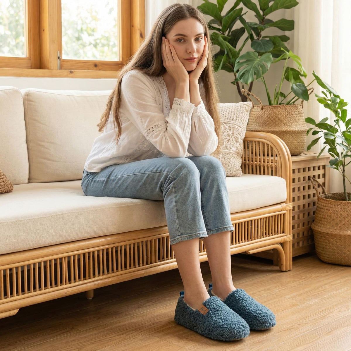 EverFoams Women's Fuzzy Full Slippers Faux Shearling Memory Foam