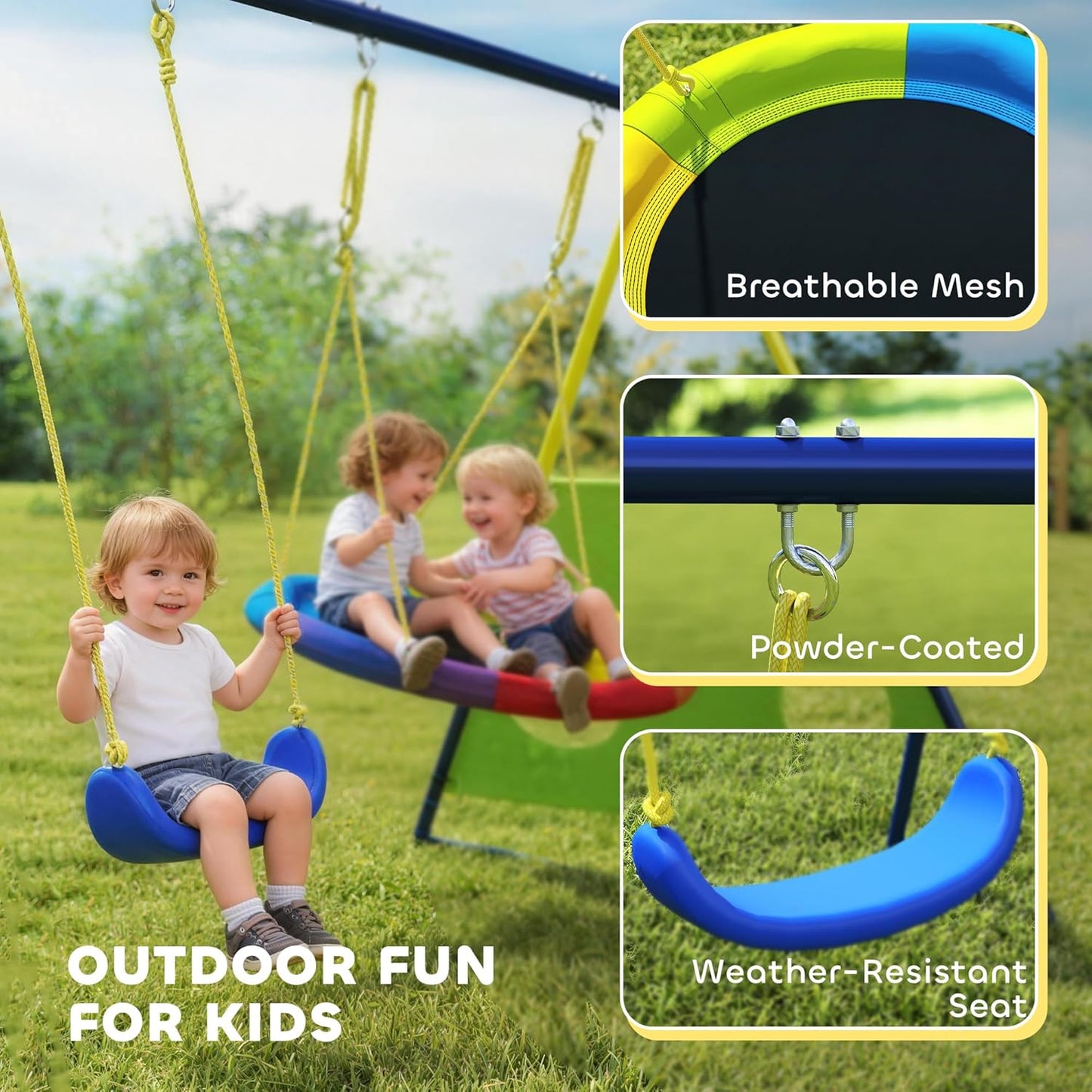 AIYAPLAY 4-in-1 Kids Swing Set with Saucer Swing, Basketball Hoop and Football Goal, Outdoor Playground Playset with Heavy-Duty Metal Frame for Garden, Ages 3-8, Multicolour