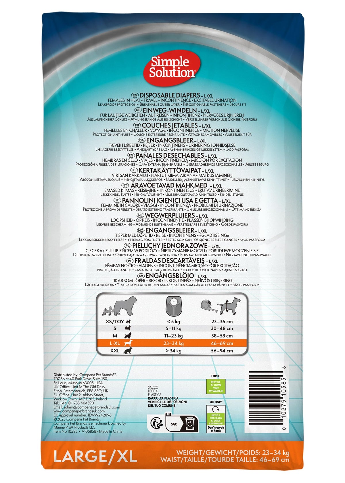 Simple Solution Disposable Dog Diapers for Female Dogs, Super Absorbent Leak-Proof Fit with Wetness Indicator for Excitable Urination, Incontinence or Females in Heat - 12 Pack