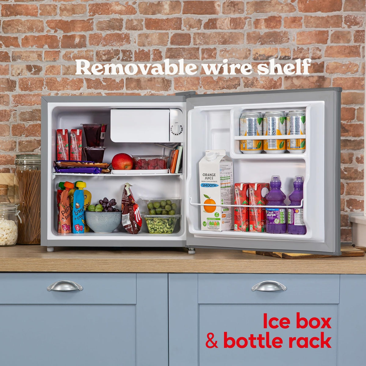 Russell Hobbs Table Top Larder Mini Fridge 43 Litre Capacity, Reversible Door & Adjustable Feet, Small Fridge, Manual Temperature Control, Ice Box, Black RHTTF0E1B