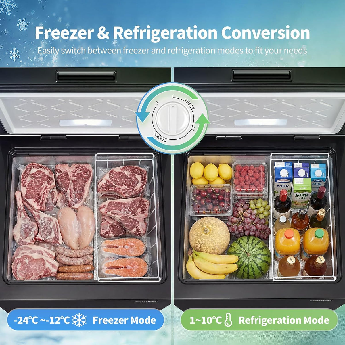 COMFEE' 99L Chest Freezer, Convertible Refrigeration Mode, RCC102BL2UK(E)