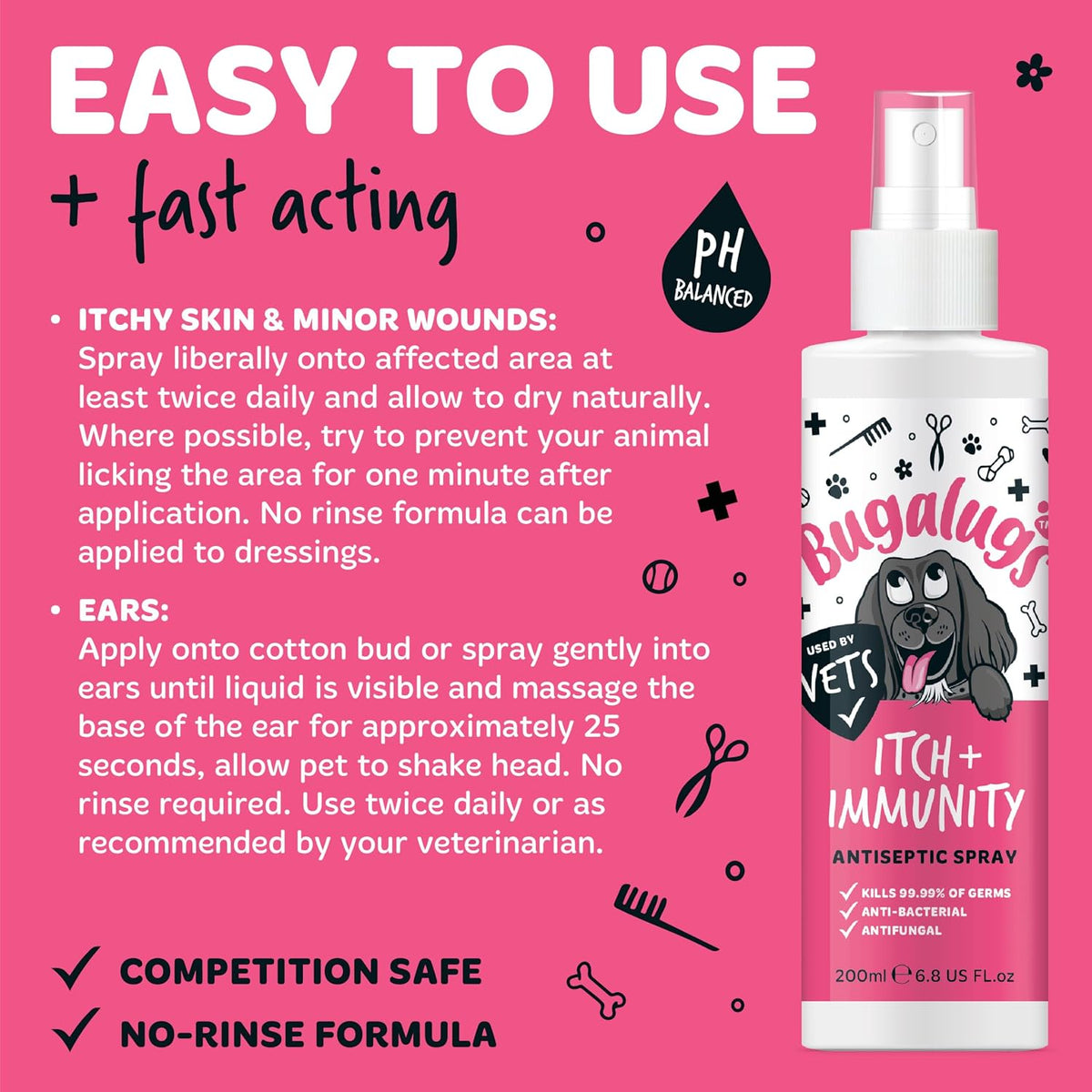 BUGALUGS Itch & Immunity Antiseptic Spray – Helps Soothe Itchy Skin, Paws, Ears - Licking, Scratching - Perfect for Small, Medium & Large Dogs