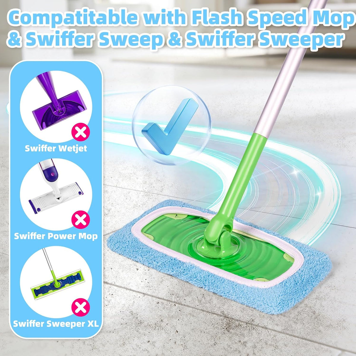 6 Pack Reusable Mop Pads Compatible with Flash Speed Mop, Microfiber Washable Speed Mop Refill Wipes, Dry & Wet Sweeping Mopping Cloths (Yellow-Green + Sky Blue)
