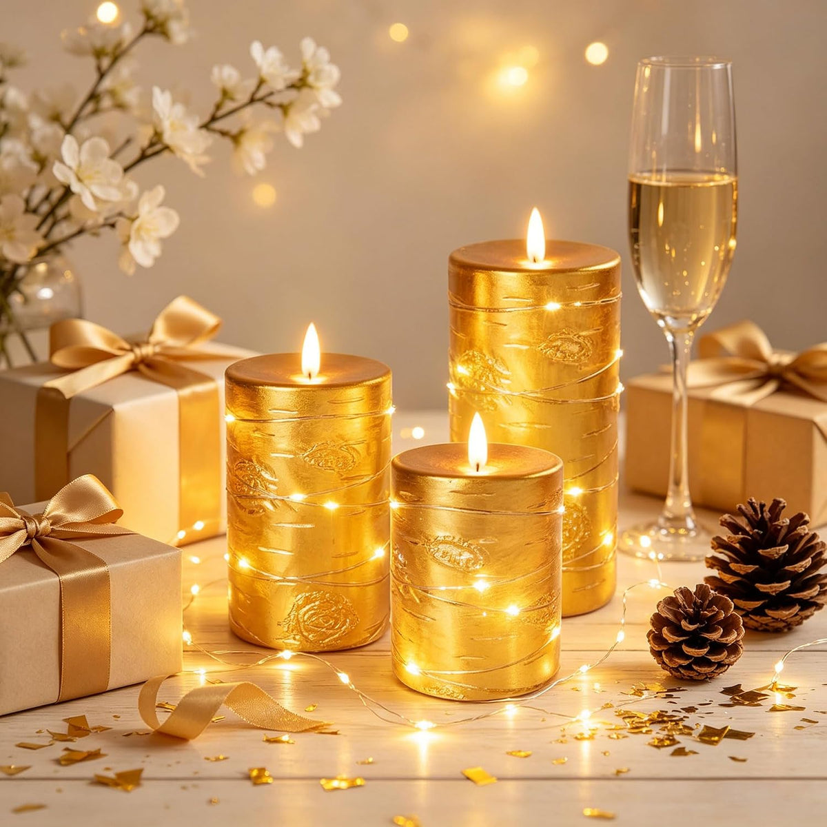 Da by 3 Pack Ivory Flameless LED Candles with Fairy Lights, Realistic Moving Flame Paraffin Wax Candles, Remote Control, Soft Warm Light, 8cm D x 12.5/14.5/16.5cm H, Indoor Wedding Home Decor