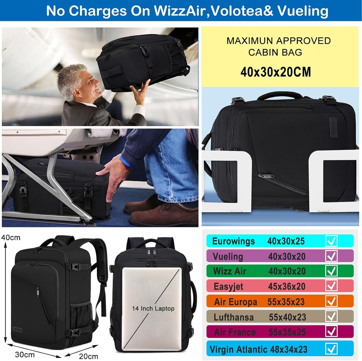 Ryanair Cabin Bags 40x30x20 Underseat 24L Small Travel Backpack Cabin Size