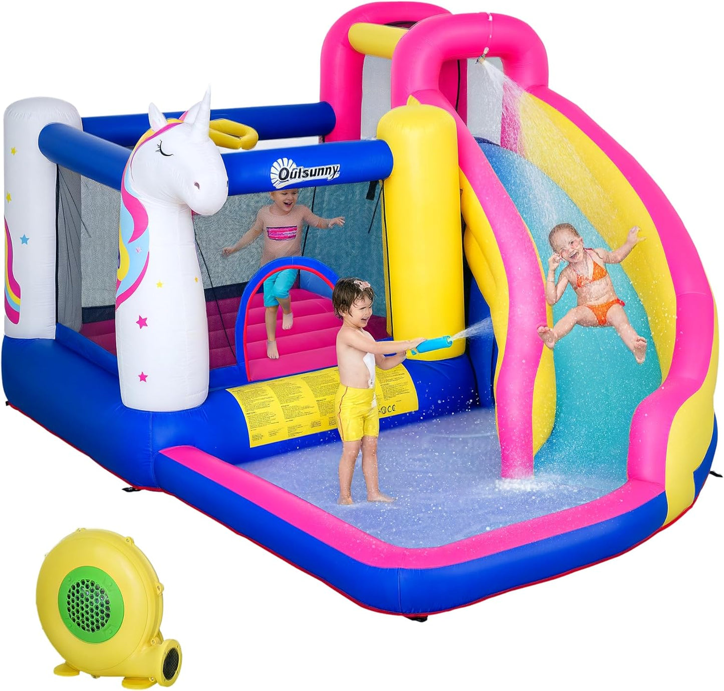 Outsunny 5-in-1 Unicorn Inflatable Bouncy Castle with Slide, Pool & Climbing Wall — Ages 3-8