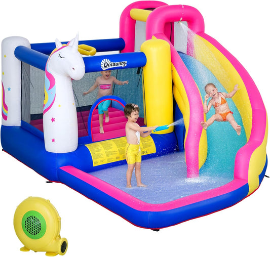 Outsunny 5-in-1 Unicorn Inflatable Bouncy Castle with Slide, Pool & Climbing Wall — Ages 3-8