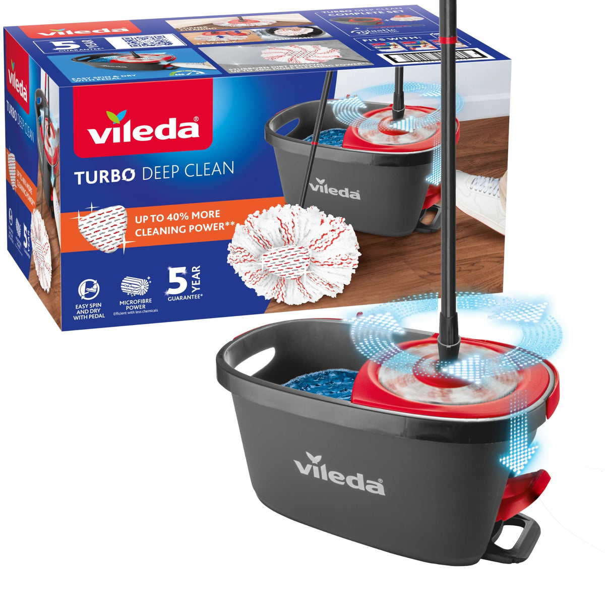Vileda Turbo 2in1 Spin Mop & Bucket Set with Foot Pedal and Extra Refill