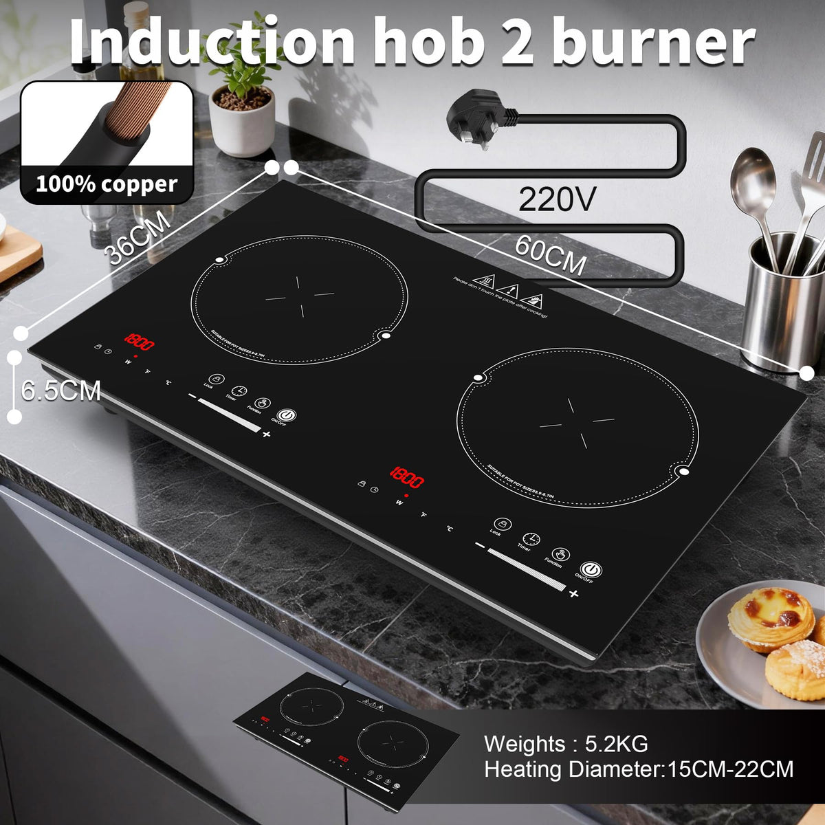 GIHETKUT single electric hob,220V 2000W Electric Hob with LED Touch Control,10 Power Levels, 4H Timer, Safety Lock,portable single burner hob Overheat protection