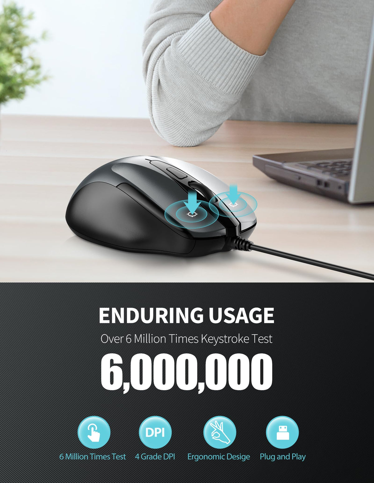 TECKNET USB Wired Mouse, 6400 DPI Mice 4 Adjustable DPI with 6-Button Corded, Optical Computer Mouse with Ergonomic Design for Laptop, Chromebook, PC, Desktop, Mac, Notebook
