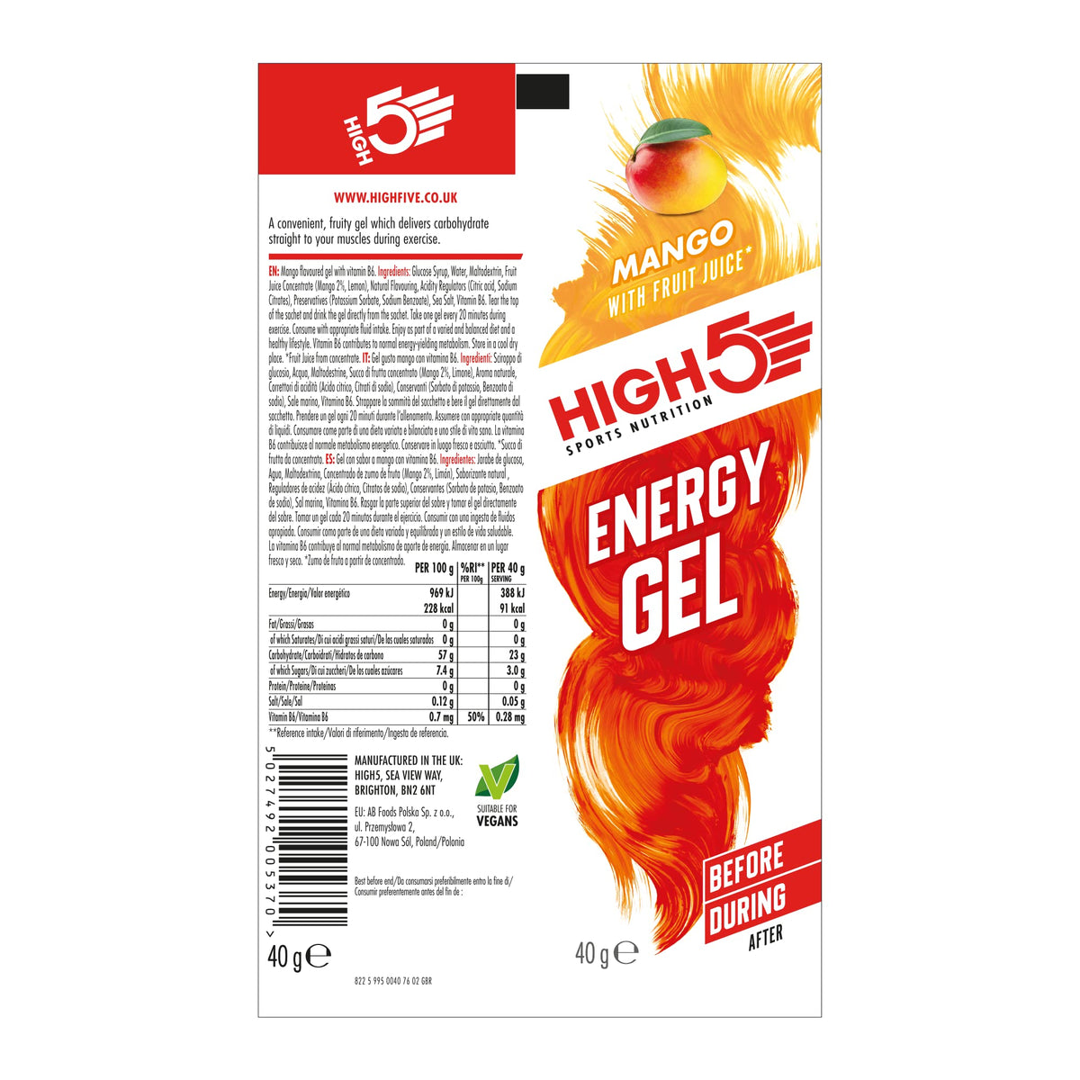 HIGH5 Energy Gels, Running Gel for Fast & Sustained Energy, Mixed, 8 x 40g